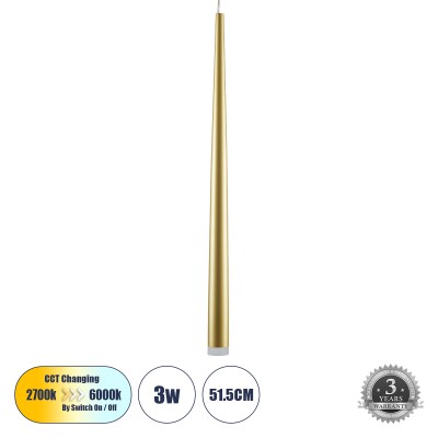 GLOBOSTAR® TEARS 61310 Μοντέρνο Κρεμαστό Φωτιστικό Οροφής LED 3W 330lm 180° AC 220-240V IP20 Ρυθμιζόμενο Λευκό CCT με On/Off 2700K/4500K/6000K - Lumileds SMD Chip - Χρυσό Βούρτσας - Μ3.2 x Π3.2 x Υ51.5cm - 3 Χρόνια Εγγύηση