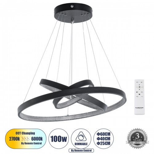 GloboStar® DIAMOND TRIO 61523-DECO Κρεμαστό Φωτιστικό Δαχτυλίδι-Κύκλος LED CCT 100W 11200lm 360° AC 220-240V - Εναλλαγή Φωτισμού μέσω Τηλεχειριστηρίου All In One Ψυχρό 6000k+Φυσικό 4500k+Θερμό 2700k Dimmable Φ25+40+60cm - Μαυρο - 3 Χρόνια Εγγύηση Διακόσμη