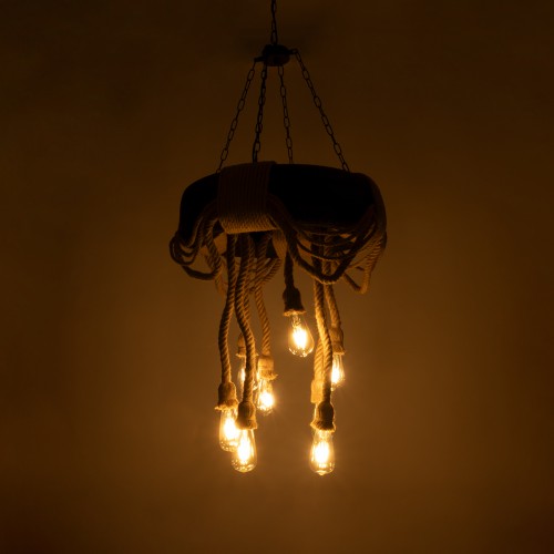 GloboStar® MARBELLA 01116 Vintage Industrial Κρεμαστό Φωτιστικό Οροφής Πολύφωτο 8 x E27 Μαύρο με Μπεζ Σχοινι Φ60 x Y60cm Διακόσμηση - Φωτισμός - Χαλιά