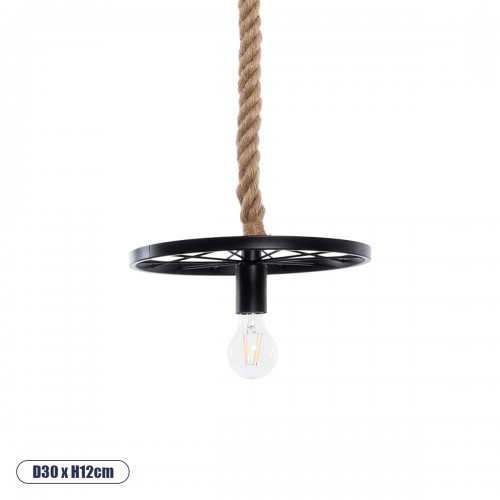 GloboStar® VELO 01185 Vintage Industrial Κρεμαστό Φωτιστικό Οροφής Μονόφωτο 1 x E27 Μαύρο Μεταλλικό Πλέγμα με Μπεζ Σχοινί Φ30 x Y16cm Διακόσμηση - Φωτισμός - Χαλιά