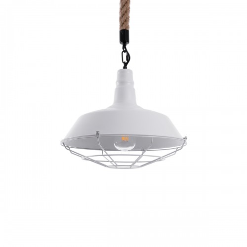 GloboStar® NARANZA 01409 Vintage Industrial Κρεμαστό Φωτιστικό Οροφής Μονόφωτο 1 x E27 Λευκό Ματ Μεταλλικό Καμπάνα Πλέγμα με Μπεζ Σχοινί Φ36 x Υ31cm Διακόσμηση - Φωτισμός - Χαλιά
