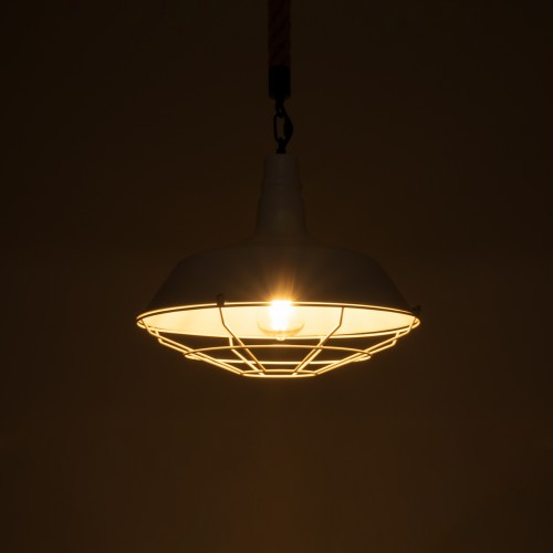 GloboStar® NARANZA 01409 Vintage Industrial Κρεμαστό Φωτιστικό Οροφής Μονόφωτο 1 x E27 Λευκό Ματ Μεταλλικό Καμπάνα Πλέγμα με Μπεζ Σχοινί Φ36 x Υ31cm Διακόσμηση - Φωτισμός - Χαλιά