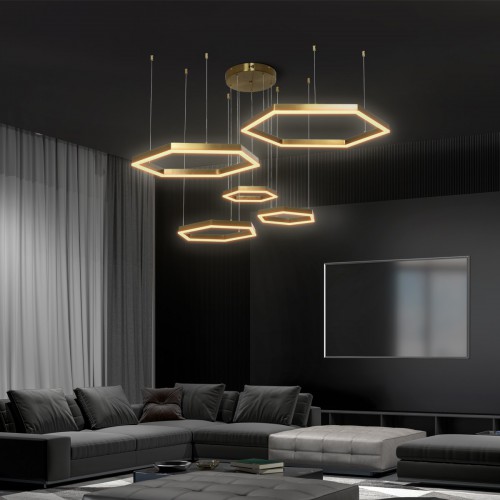 kelvo® LEXAGON KLV-101-0180 Κρεμαστό Φωτιστικό Οροφής LED 120W 12000lm 200° AC 220-240V IP20 Ρυθμιζόμενο Λευκό CCT με Χειριστήριο από 2700K έως 6000K Dimmable - Lumileds SMD Chip - Χρυσό Πλατίνα - Μ110 x Π90 x Υ110cm - 3 Χρόνια Εγγύηση Διακόσμηση - Φως - 