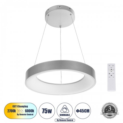 GloboStar® SALEM 61242 Κρεμαστή Πλαφονιέρα Οροφής Δαχτυλίδι-Κύκλος LED CCT 75W 8625lm 120° AC 220-240V - Εναλλαγή Φωτισμού μέσω Τηλεχειριστηρίου All In One Ψυχρό 6000k+Φυσικό 4500k+Θερμό 2700k Dimmable Φ45cm - Ασημί - 3 Years Warranty Διακόσμηση - Φως - Χ GloboStar® SALEM 61242 Κρεμαστή Πλαφονιέρα Οροφής Δαχτυλίδι-Κύκλος LED CCT 75W 8625lm 120° AC 220-240V - Εναλλαγή Φωτισμού μέσω Τηλεχειριστηρίου All In One Ψυχρό 6000k+Φυσικό 4500k+Θερμό 2700k Dimmable Φ45cm - Ασημί - 3 Years Warranty Διακόσμηση - Φως - Χ