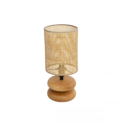 GloboStar® KLOO 204-0143 Boho Eπιτραπέζιο Φωτιστικό Μονόφωτο 1 x E27 IP20 Καφέ Ξύλο με Μπεζ Διάτρτητο Ύφασμα - Μ15 x Π15 x Υ35cm Διακόσμηση - Φως - Χαλιά