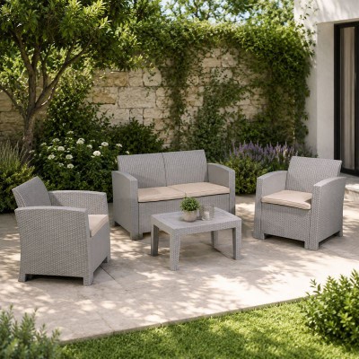 SAVANNA Set Σαλόνι Κήπου Βεράντας K/D, PP-UV Sand Grey Μαξιλάρια Μπεζ Table+Sofa 2Seater+2 Armchairs/Ε352,1