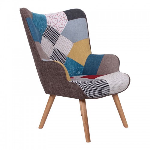 MARON Πολυθρόνα - Μπερζέρα Ξύλο Φυσικό, Ύφασμα Patchwork 69x76x97cm/ΕΜ143,4 Σαλόνι