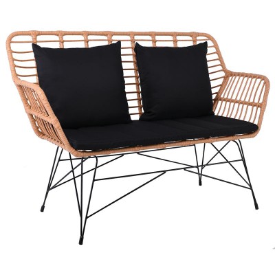SALSA MAX Living Καναπές Κήπου 2Θέσιος, Μέταλλο Βαφή Μαύρο, Wicker Φυσικό, Μαξιλάρια Μαύρο 147x70x105cm/Ε285,Κ