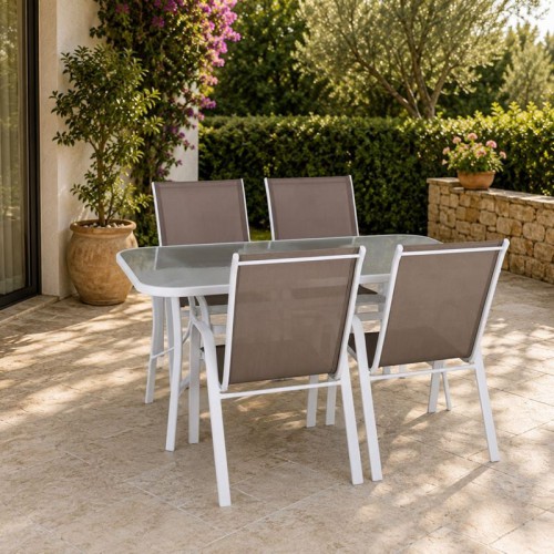 RIO Set Τραπεζαρία Κήπου Άσπρο Μέταλλο, Textilene Cappuccino: Τραπέζι + 4 Πολυθρόνες Table:120x70x71 Armch:55x74x91/Ε250,4L Εξωτερικού Χώρου RIO Set Τραπεζαρία Κήπου Άσπρο Μέταλλο, Textilene Cappuccino: Τραπέζι + 4 Πολυθρόνες Table:120x70x71 Armch:55x74x91/Ε250,4L Εξωτερικού Χώρου
