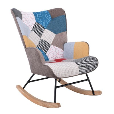 ALMA Rocking Πολυθρόνα Μπερζέρα Καθιστικού, Ύφασμα Patchwork, Βάση Μαύρο-Φυσικό 67x86x92cm/Ε7143,4