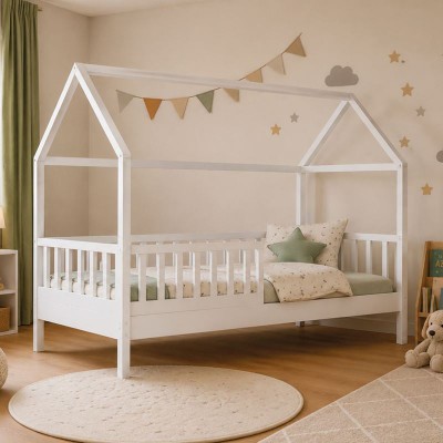 DREAM τ.Montessori Παιδικό Κρεβάτι, για Στρώμα 90x190cm, Ξύλο Πεύκου Απόχρωση Άσπρο 197x97x132cm/ΕΚ701,1
