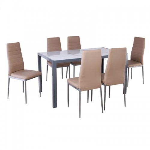 JETTA-DEGO Set Τραπεζαρία: Τραπέζι + 6 Καρέκλες, Μέταλλο Γκρι - Γυαλί Marble - PVC Μπεζ Table:140x80x75 Chair:40x50x95/ΕΜ966,S4 Τραπεζαρία JETTA-DEGO Set Τραπεζαρία: Τραπέζι + 6 Καρέκλες, Μέταλλο Γκρι - Γυαλί Marble - PVC Μπεζ Table:140x80x75 Chair:40x50x95/ΕΜ966,S4 Τραπεζαρία