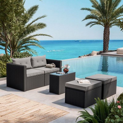 JAKARTA Set Σαλόνι Κήπου K/D, Πολυμορφικό 5τ, Μέταλλο-Wicker Μαύρο, Μαξιλάρια Γκρι 2 Πολυθρ+2 Σκαμπό+1 Τραπεζάκι/Ε6624,1