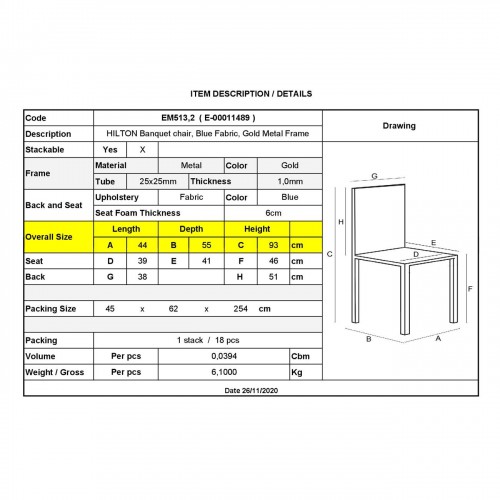 HILTON Καρέκλα Μέταλλο Gold Ύφασμα, Ύφασμα Μπλε 44x55x93cm/ΕΜ513,2 Καρέκλες HILTON Καρέκλα Μέταλλο Gold Ύφασμα, Ύφασμα Μπλε 44x55x93cm/ΕΜ513,2 Καρέκλες