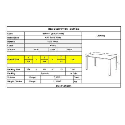 ART Tραπέζι Τραπεζαρίας Κουζίνας - Άσπρο MDF 120x80x73cm/Ε7088,1 Τραπεζαρία