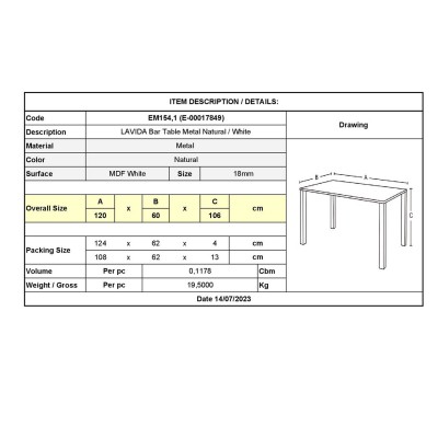 LAVIDA Τραπέζι BAR Μέταλλο Βαφή Φυσικό, Άσπρο MDF 120x60x106cm/ΕΜ154,1 LAVIDA Τραπέζι BAR Μέταλλο Βαφή Φυσικό, Άσπρο MDF 120x60x106cm/ΕΜ154,1