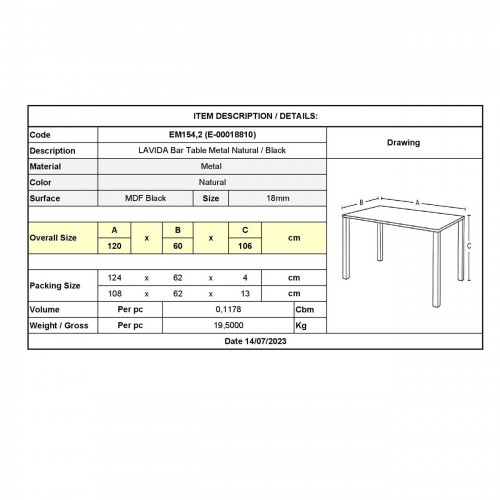 LAVIDA Τραπέζι BAR Μέταλλο Βαφή Φυσικό, Μαύρο MDF 120x60x106cm/ΕΜ154,2 Τραπεζαρία