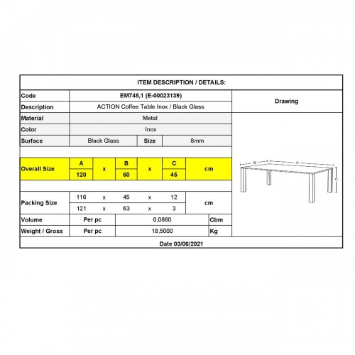ACTION Tραπεζάκι Σαλονιού - Καθιστικού 120x60cm Inox - Μαυρό Γυαλί 8mm 120x60x45cm/ΕΜ748,1 Σαλόνι
