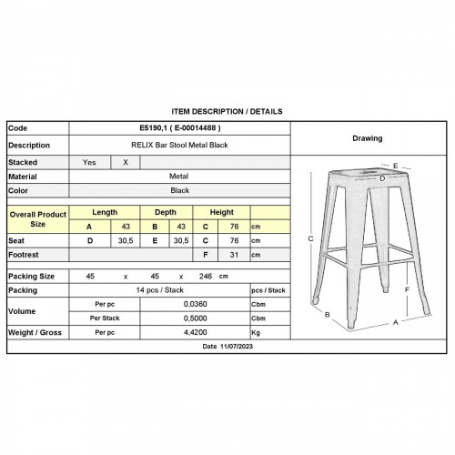 RELIX Σκαμπό Bar-Pro, Μέταλλο Βαφή Μαύρο 43x43 H.76cm/Ε5190,1 Σκαμπώ