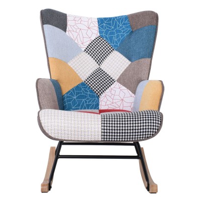 ALMA Rocking Πολυθρόνα Μπερζέρα Καθιστικού, Ύφασμα Patchwork, Βάση Μαύρο-Φυσικό 67x86x92cm/Ε7143,4 Σαλόνι