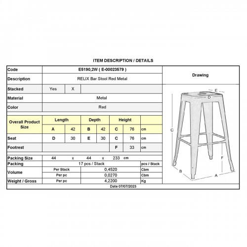 RELIX Σκαμπό Bar, Μέταλλο Βαφή Κόκκινο 43x43 H.76cm/Ε5190,2W Σκαμπώ