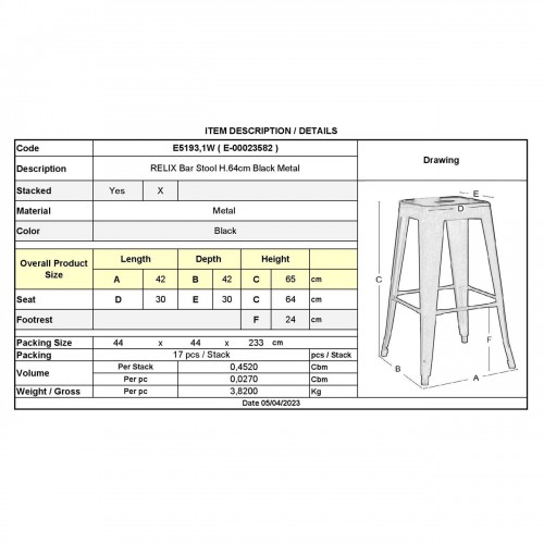 RELIX Σκαμπό Bar H.64cm, Μέταλλο Βαφή Μαύρο 43x43 H.64cm/Ε5193,1W Σκαμπώ RELIX Σκαμπό Bar H.64cm, Μέταλλο Βαφή Μαύρο 43x43 H.64cm/Ε5193,1W Σκαμπώ