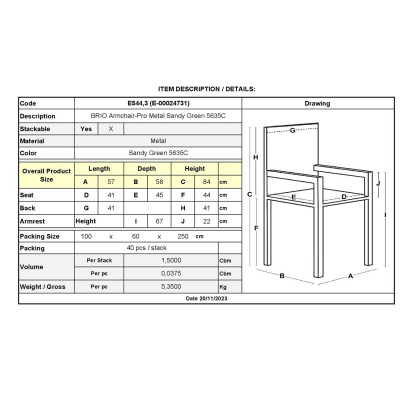 BRIO Πολυθρόνα-Pro Στοιβαζόμενη, Μέταλλο Βαφή Sandy Green 5635C 57x58x84cm/Ε544,3 BRIO Πολυθρόνα-Pro Στοιβαζόμενη, Μέταλλο Βαφή Sandy Green 5635C 57x58x84cm/Ε544,3