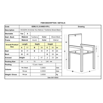 VEGERA Πολυθρόνα Dining Αλουμίνιο Βαφή Καρυδί Textilene Μαύρο 57x58x83cm/Ε258,12 Εξωτερικού Χώρου