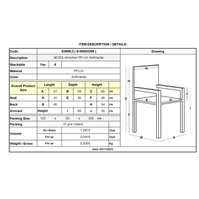 MODA Πολυθρόνα Στοιβαζόμενη PP - UV Ανθρακί 57x58x80cm/Ε3800,2 Εξωτερικού Χώρου MODA Πολυθρόνα Στοιβαζόμενη PP - UV Ανθρακί 57x58x80cm/Ε3800,2 Εξωτερικού Χώρου