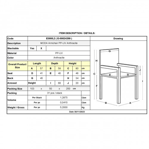 MODA Πολυθρόνα Στοιβαζόμενη PP - UV Ανθρακί 57x58x80cm/Ε3800,2 Εξωτερικού Χώρου MODA Πολυθρόνα Στοιβαζόμενη PP - UV Ανθρακί 57x58x80cm/Ε3800,2 Εξωτερικού Χώρου
