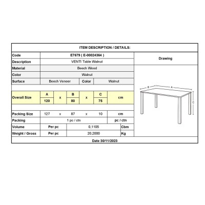 VENTI Τραπέζι Οξιά Καρυδί 120x80x75cm/Ε7679 VENTI Τραπέζι Οξιά Καρυδί 120x80x75cm/Ε7679