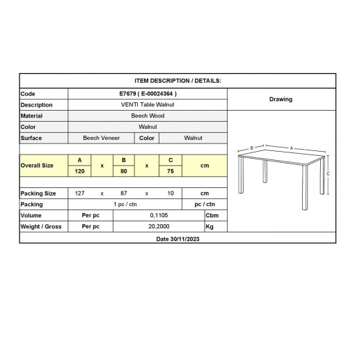 VENTI Τραπέζι Οξυά Καρυδί 120x80x75cm/Ε7679 Τραπεζαρία