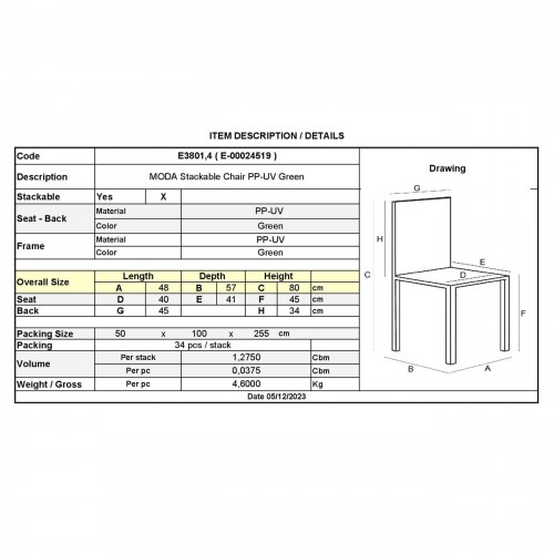MODA Καρέκλα Στοιβαζόμενη PP - UV Πράσινο 48x57x80cm/Ε3801,4 Εξωτερικού Χώρου MODA Καρέκλα Στοιβαζόμενη PP - UV Πράσινο 48x57x80cm/Ε3801,4 Εξωτερικού Χώρου
