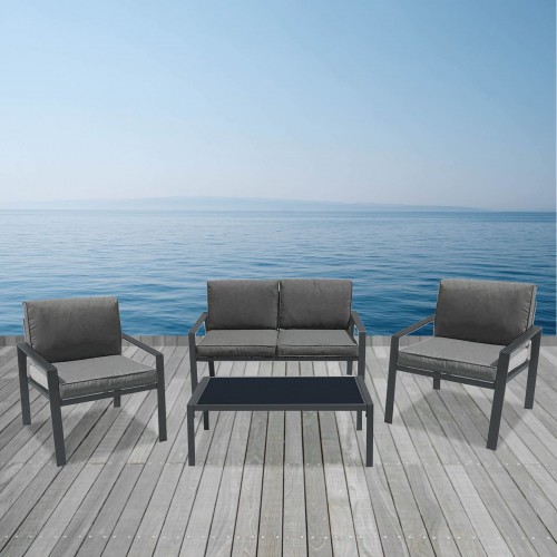 RIVIAN Set Σαλόνι Κήπου 4τεμ, Μέταλλο Βαφή Ανθρακί, Μαξιλάρια Γκρι 90x50x35/120x79x73/65x79x73 cm/Ε6846 Εξωτερικού Χώρου